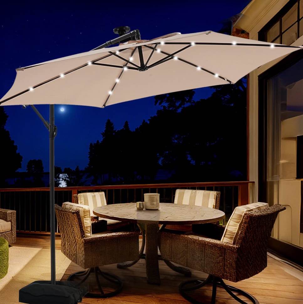 autlaycil 10 ft cantilever offset outdoor patio umbrella with base stand rotate and tilt,24 solar led lights, khaki