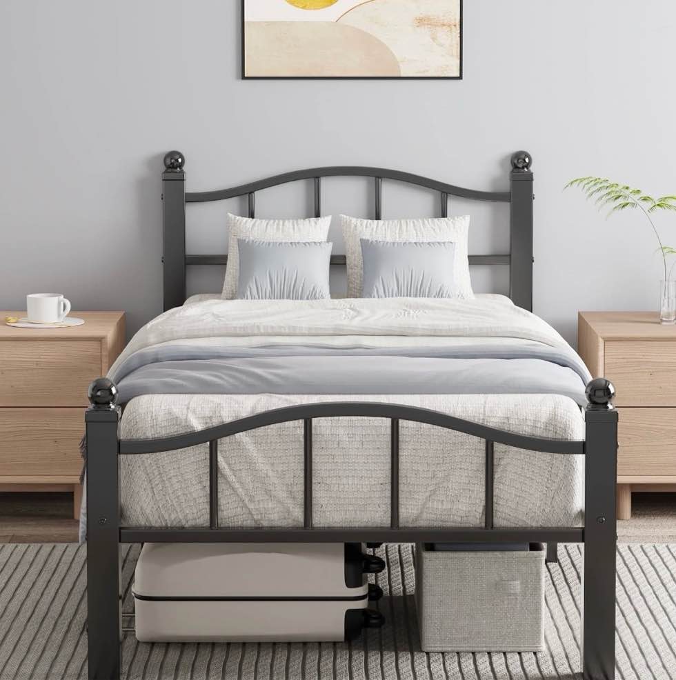 twin xl bed frames, noise-free design & underbed storage heavy duty bed frames with headboard no box spring needed/tool-free assembly