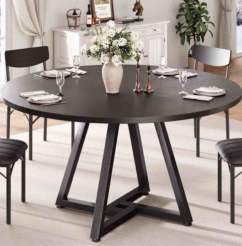 anyact 47in round dining table, circle dinner table pedestal metal frame, kitcen table sturdy wood kitchen & dining room furniture, black(only table)