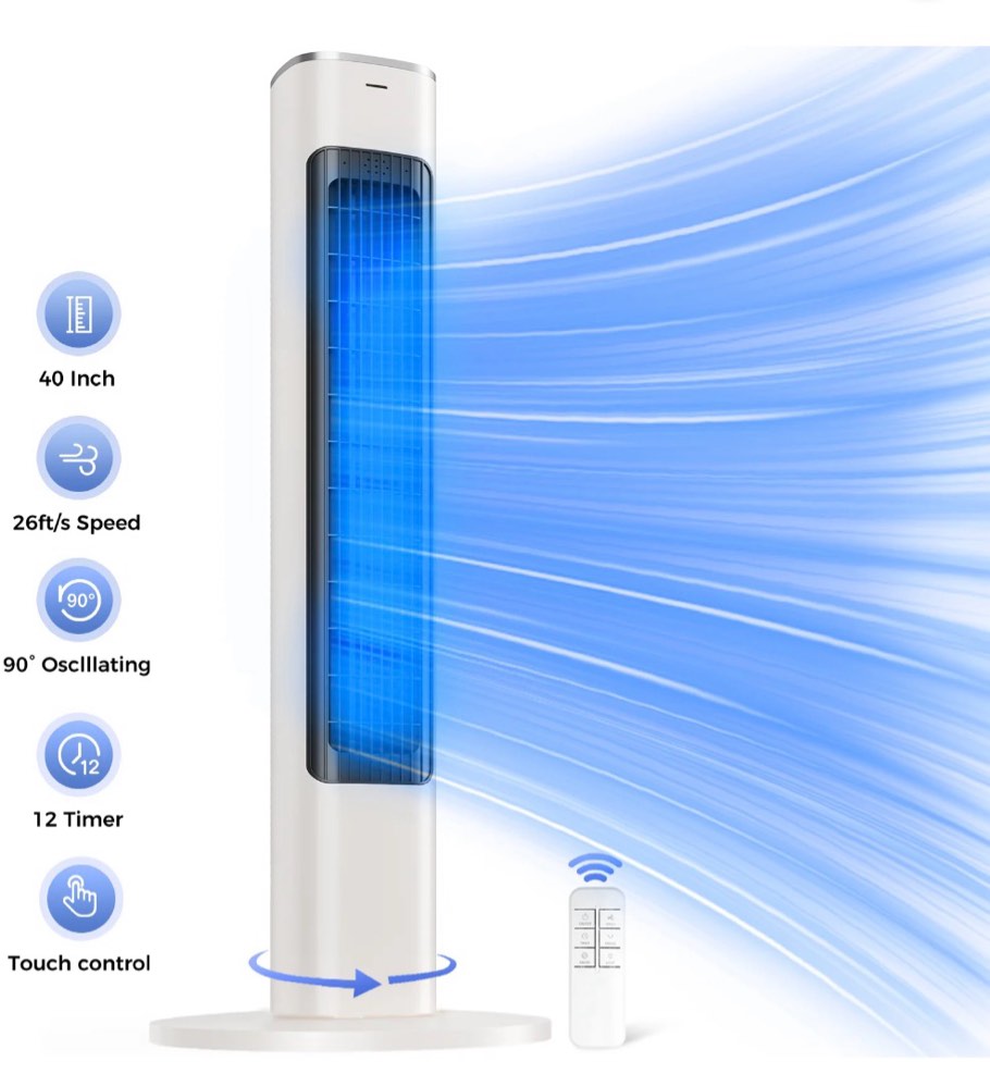 tower fan 40 electric fan for bedroom 90° oscillating stand fan with remote 4 speeds 26ft/s 12h timer 28db bladeless cooling fans for home