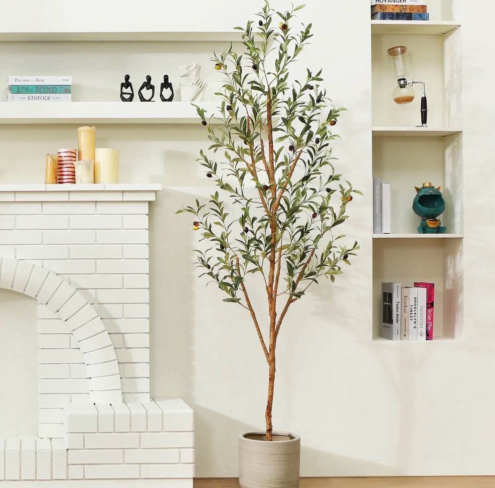 dr.planzen 6 ft artificial olive plants with realistic leaves and natural trunk, silk fake olive tree in black plastic pot, faux olive tree for office home