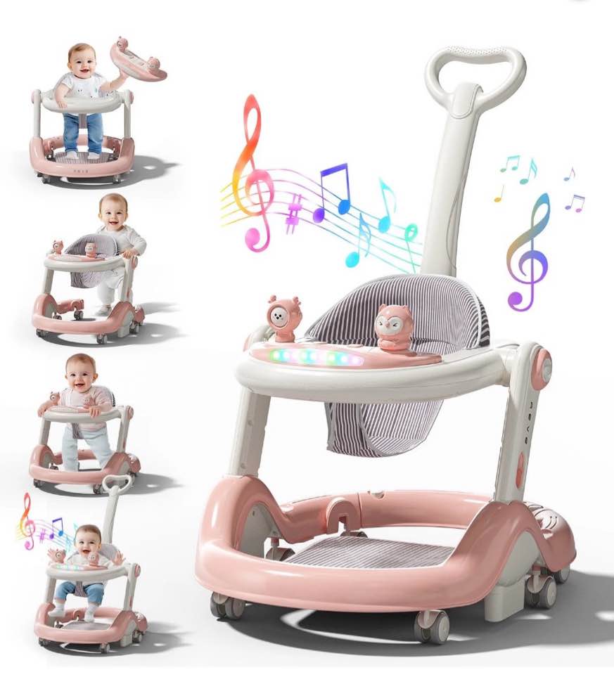 wonderstone 5 in 1 baby walker, foldable push walker with wheels, music & light, baby bouncer, baby activity center for boy girl 6-12 months (pink)