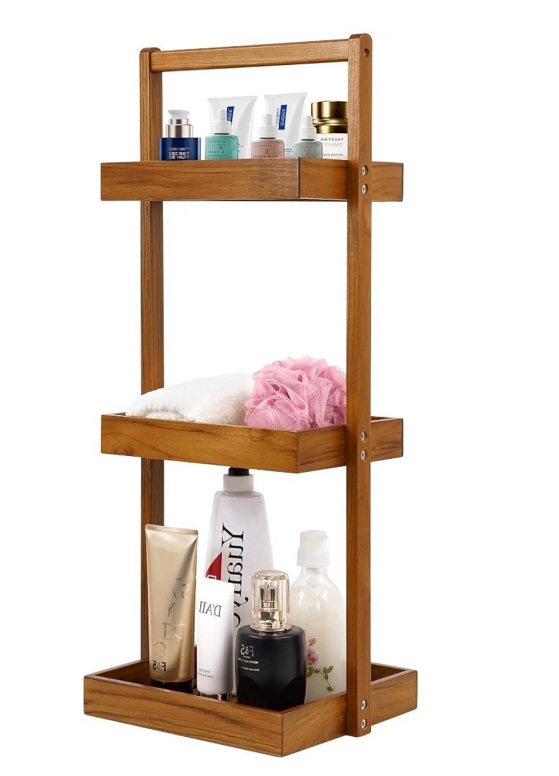 utoplike teak shower caddy shelf, standing shower organizer for bathroom corner, wooden freestanding racks storage for inside shower, bath, office, stand up 3 tier kitchen desktop organization