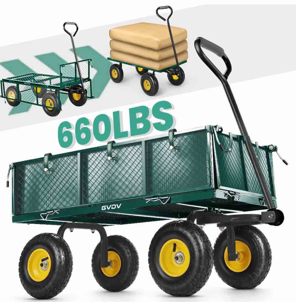 gvdv heavy duty steel garden cart with liner, 40" x 20", 660lbs capacity, 10" wheels, utility cart for yard work hauling and outdoor use, black/green