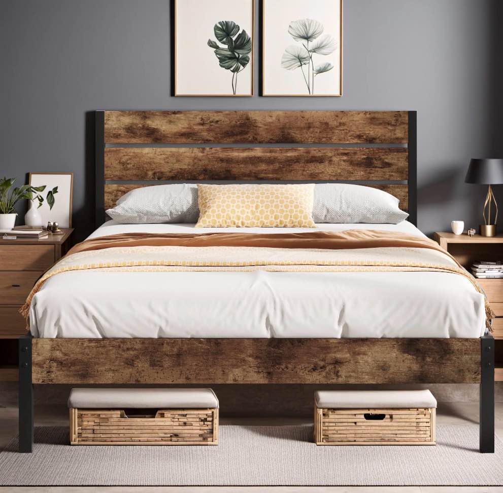 lifezone queen bed frame with rustic vintage wood headboard and footboard,metal support,rustic brown
