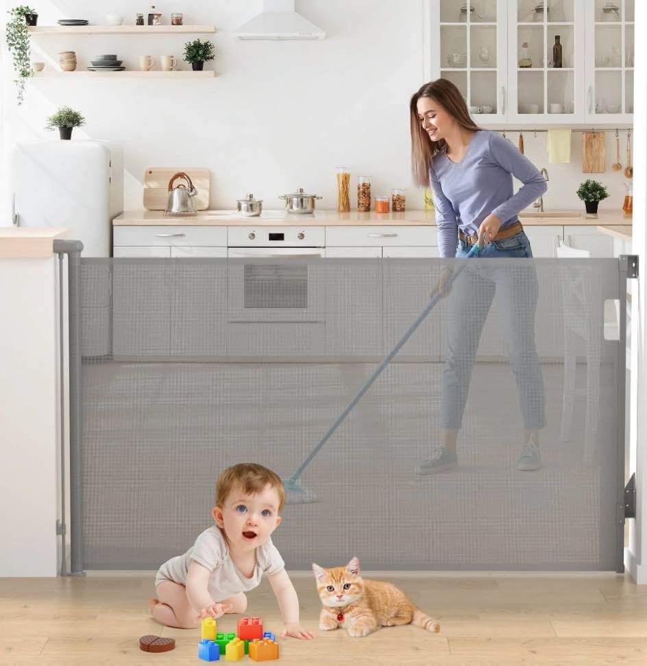 vomeast retractable safety gate,extends up to 71in wide,37.4in tall baby safety gates dog gate for doorways stairs(grey)