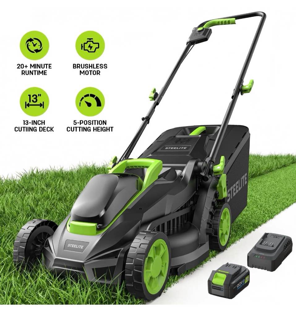 steelite 13-inch cordless lawn mower, 21v electric lawn mowers with brushless motor for garden,5 heights adjustment, 4.0ah battery & charger included