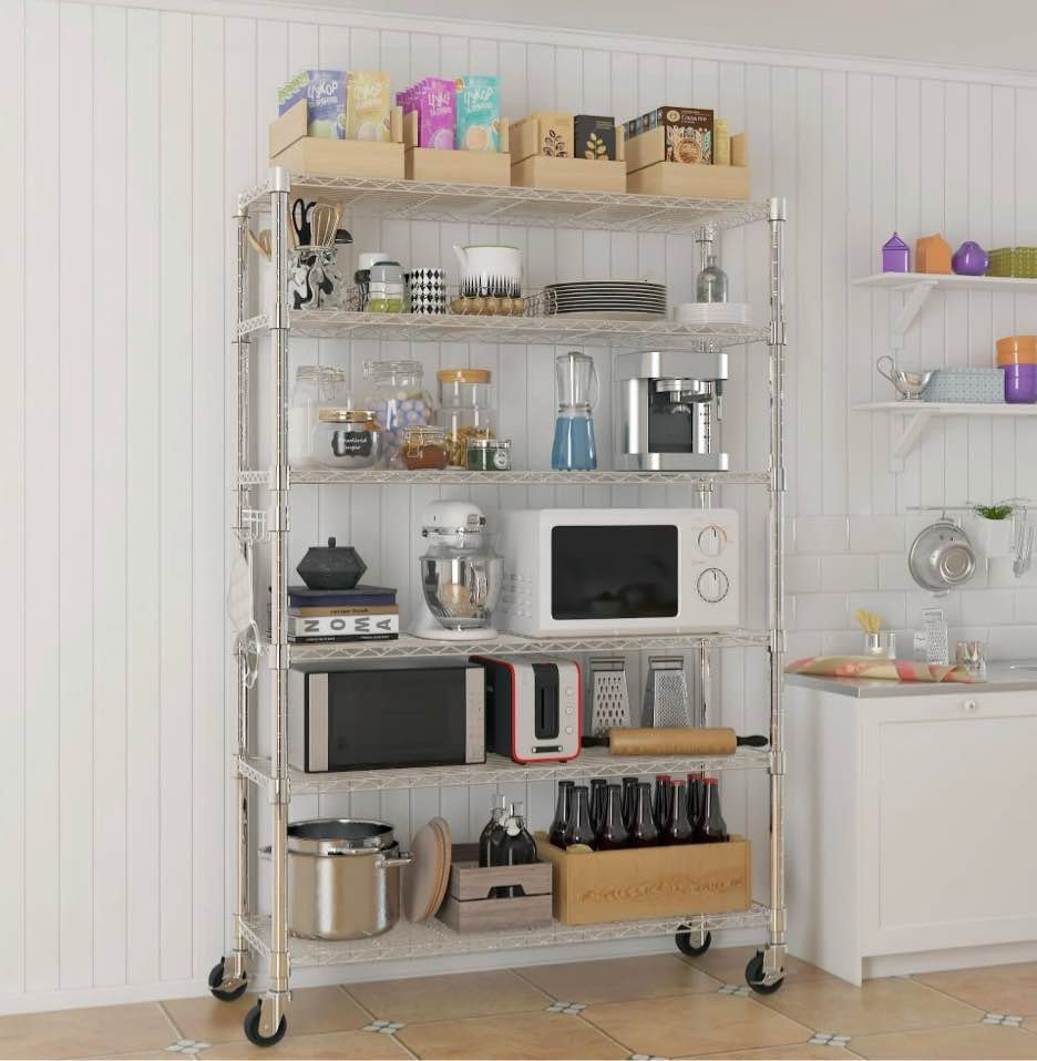 Ktaxon 6 Tier Wire Shelving with Wheels 2400LBS Capacity, Heavy Duty Storage Rack for Home Garage, 46"W x 18"D x 82"H Adjustable Shelves, Silver