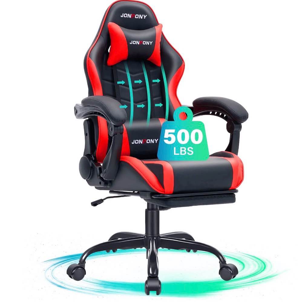 JONPONY Big and Tall 500LBS Gaming Chair, Ergonomic High Back Gamer Chair with Footrest Lumbar Support, PU Leather Office Computer Chair for Long Sitting, Red