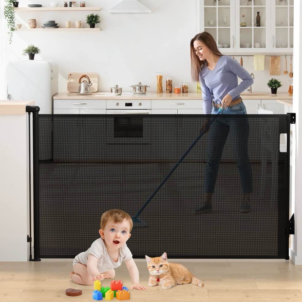 Vomeast Retractable Gates,Extends up to 71in Wide Baby Safety Gates Dog Gate for Doorways Stairs Hallways(Black)