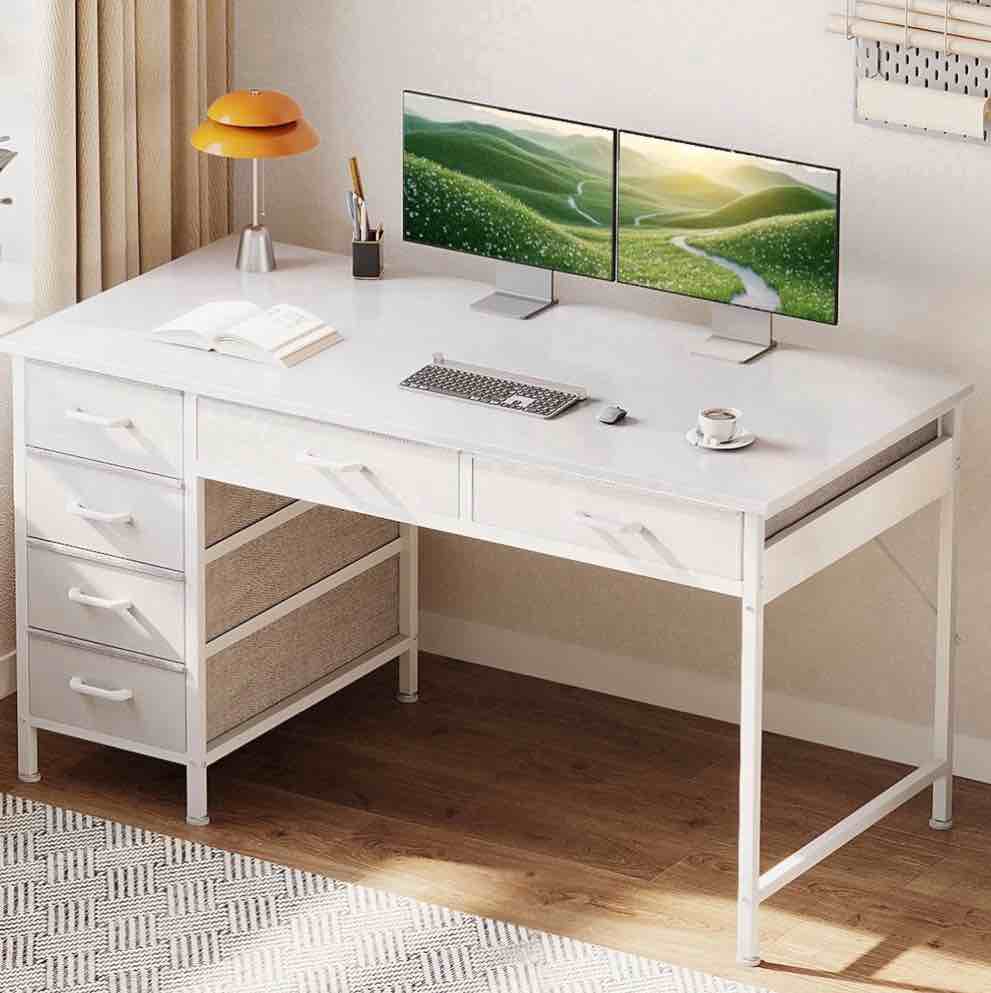 Casacomoda 48" Home Office Desk with 6 Drawers, Small Space Computer Desk with Reversible Storage, Corner Computer Desk, White