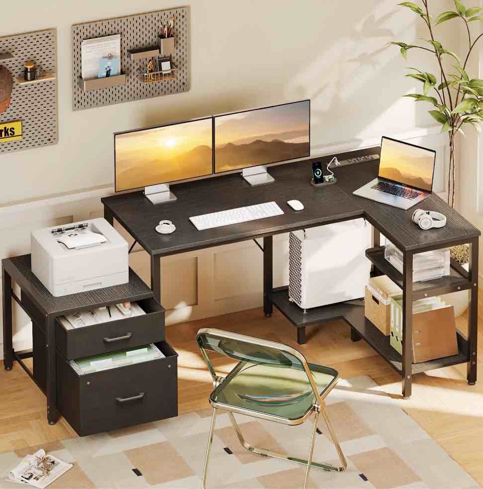 55" Office Desk with Power Outlets & CPU Holder, L-Shaped Corner Desk with File Cabinet, Storage Shelf & 2 Drawers for Large Spaces, Black