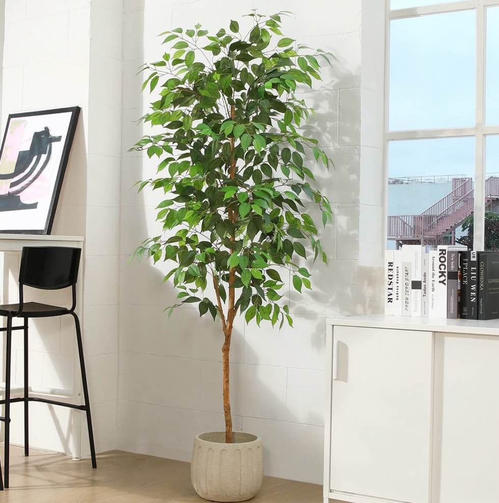 6FT Artificial Ficus Tree with Natural Wood Trunk and Lifelike Leaves, Silk Fake Potted Tree with Wood Branches, Faux Tree for Office Home Decor
