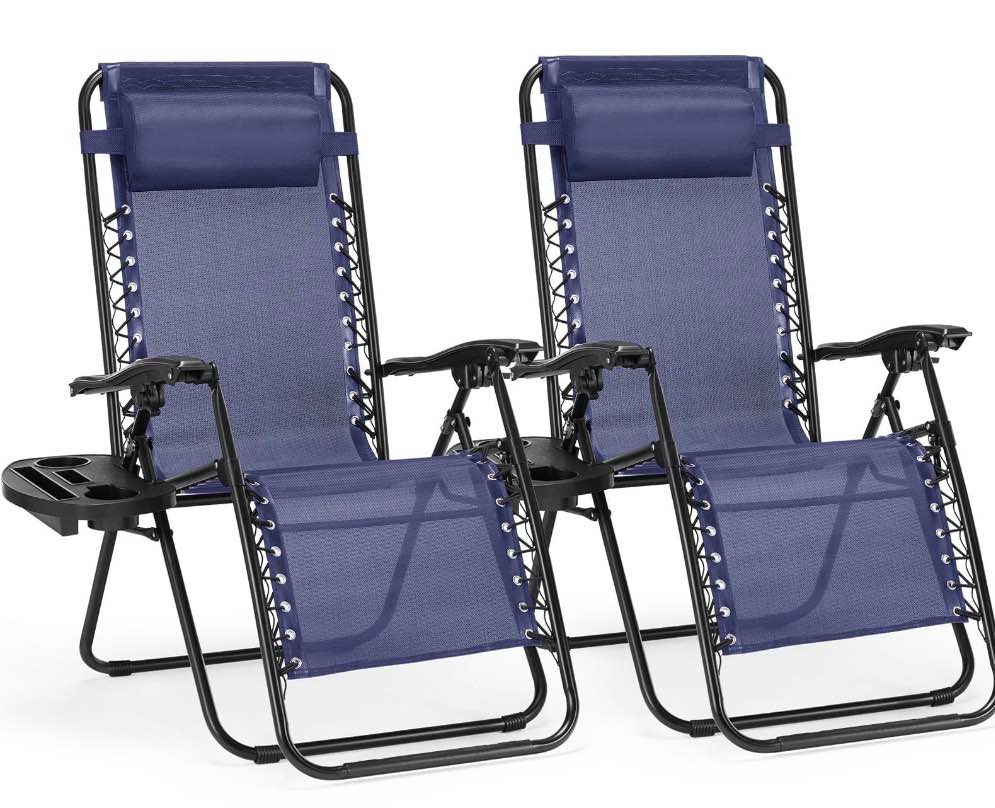 CONCETTA 2PCS Zero Gravity Patio Recliner, Textilene Folding Lounge with Adjustable Pillow & Cup Tray, Blue