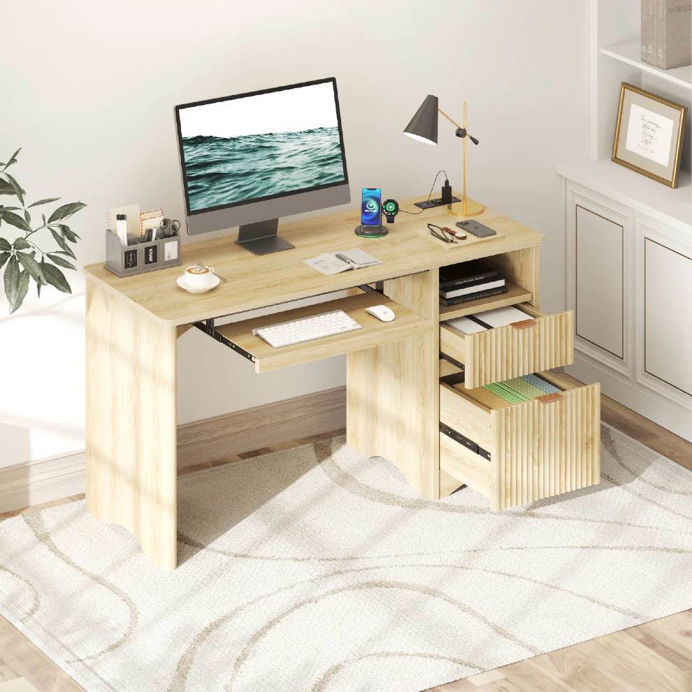 Bestier 55" Computer Writing Pc Desk Home Office With Power Outlets Keyboard Tray And Storage Drawers, Log 55"