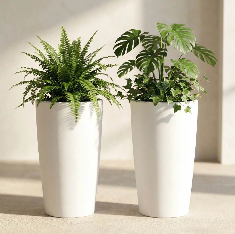SnugNiture Set of 2 Round 22-Inch Tall Planters, White – Large Indoor/Outdoor Pots with Drainage, Matte Frosted Finish