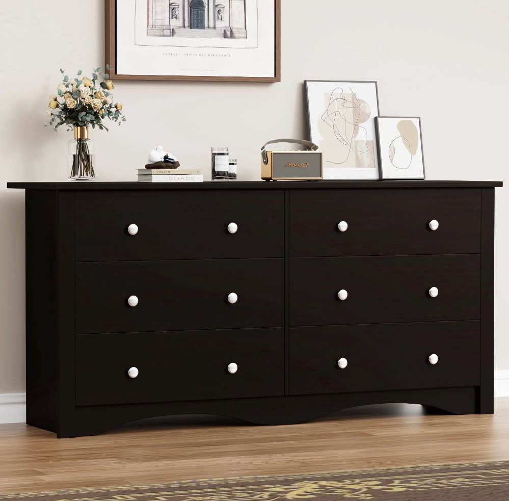 Vineego 58'' 6 Drawers Dresser, Rustic Modern Chest of 6 Drawers Extra Wide Double Dresser for Master Bedroom or Nursery Storage,Brown