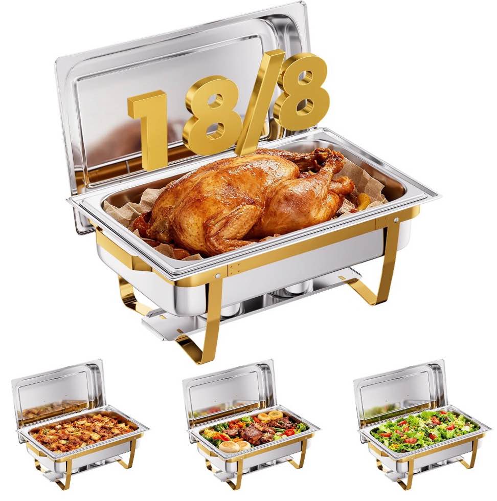 CAMMOO 4 Pack 9QT Gold Stackable Chafing Dish Buffet Set 18/8 (304) Stainless Steel Food Warmers for Parties Buffet Catering Events Dinners Rectangular