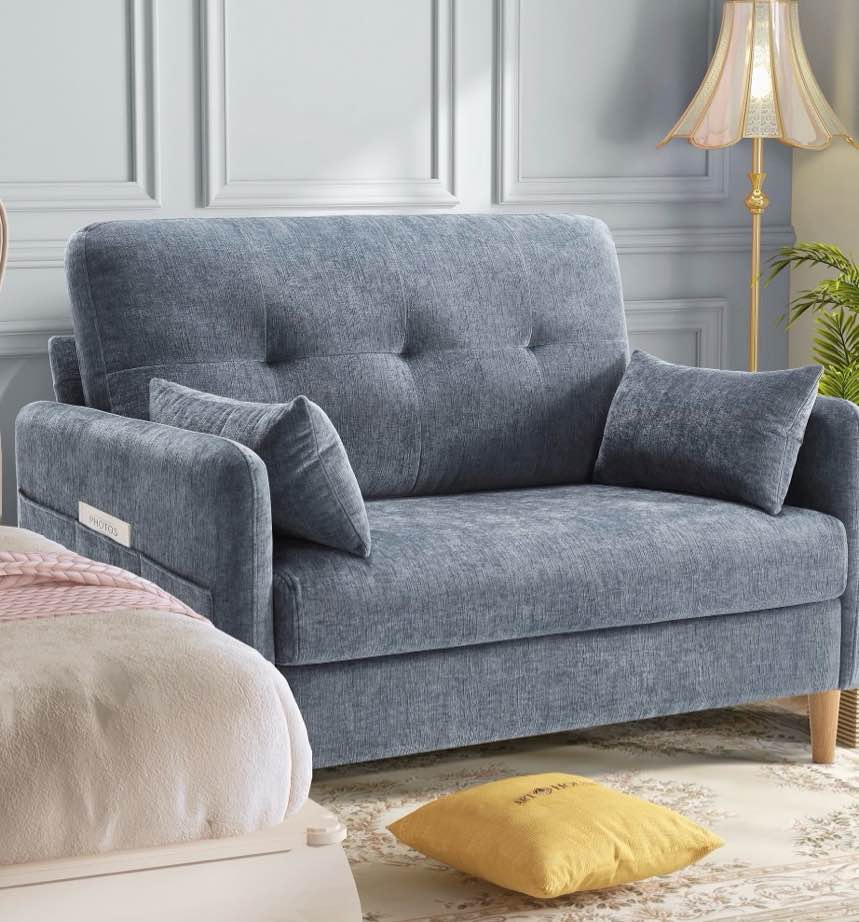 bedluxury 47'' wide loveseat, 2-seat chenille sofa with 2 pillows for living room and small spaces, blue