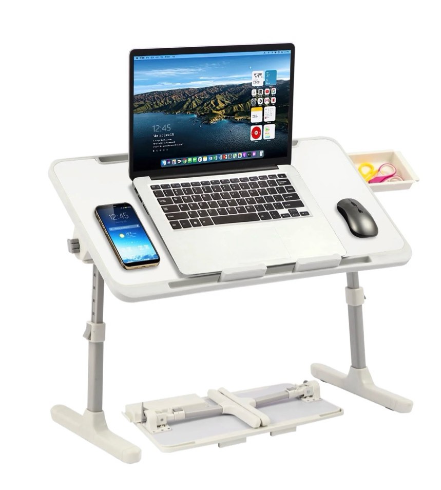 phancir height & angle adjustable lap desk, laptop stand bed tray, foldable laptop desk with storage drawer, white