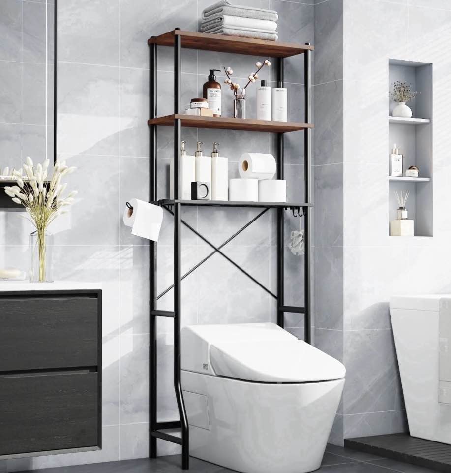capri 3-shelf over the toilet storage, freestanding wooden bathroom organizers and storage shelf, metal frame, space saver, rustic brown