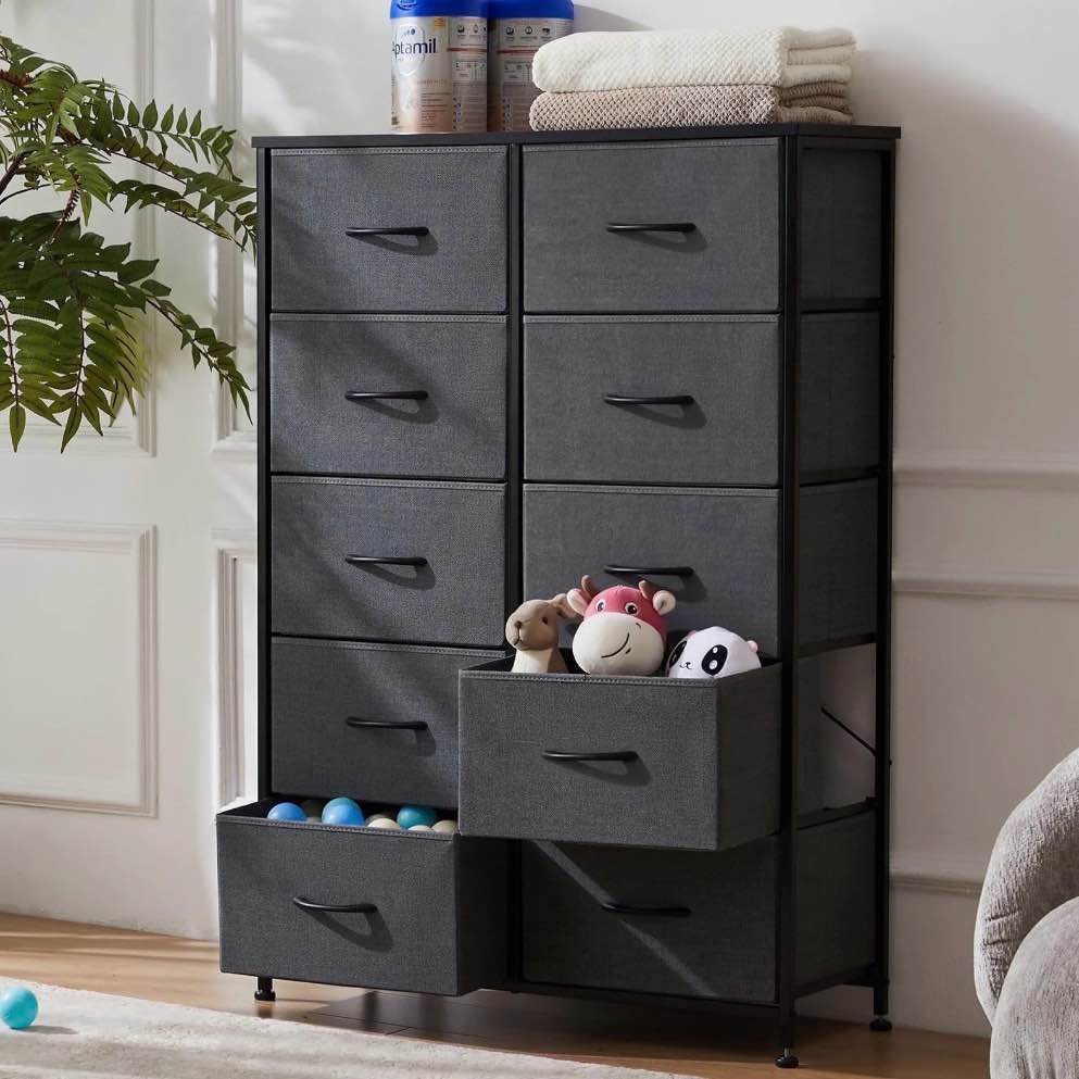 edx 10 drawer fabric dresser for bedroom, chest of drawer organizer storage cabinet for closet, entryway, grey