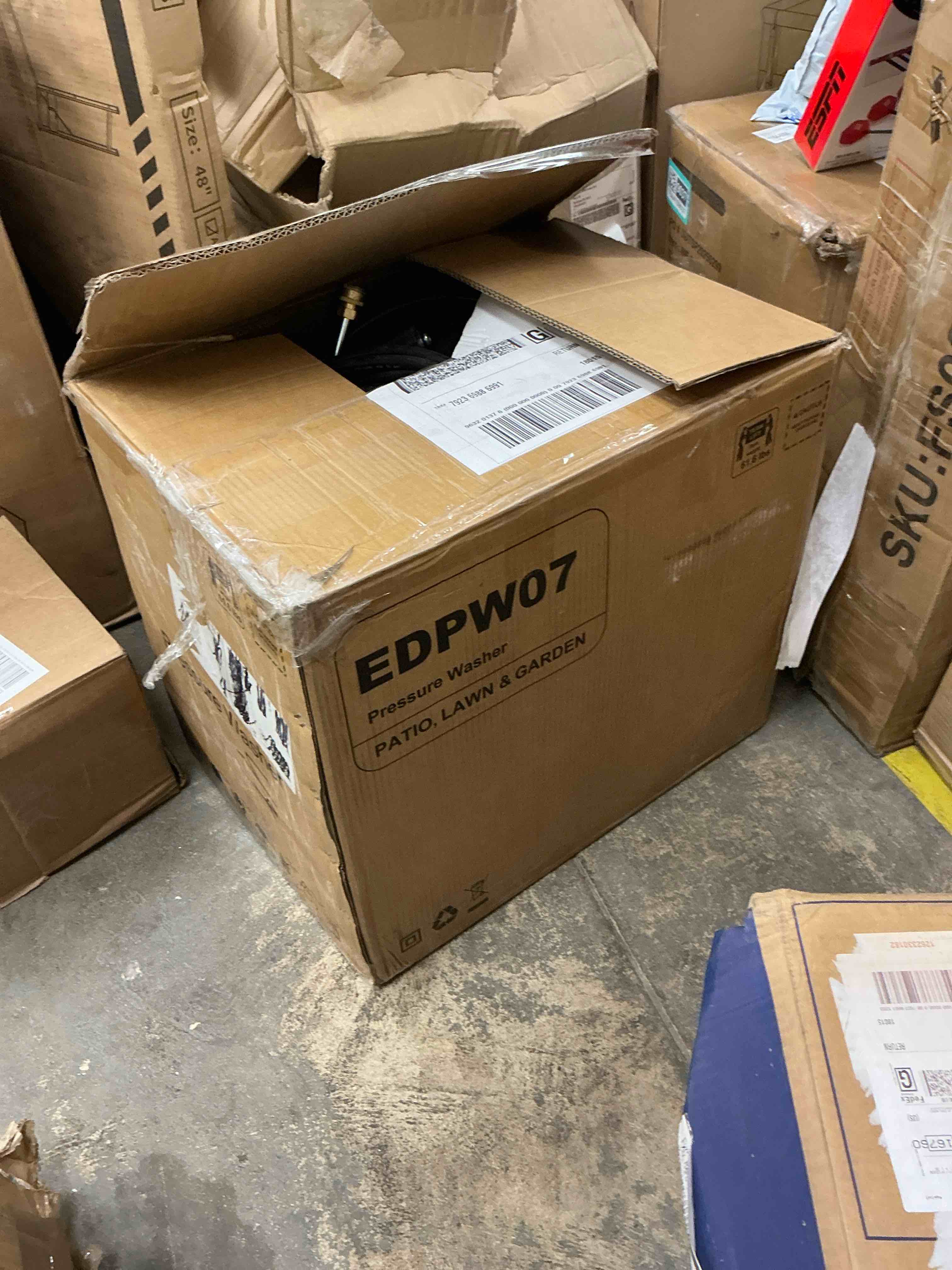 Condition photo showing As Is for efurden 3500psi 2.3gpm gas pressure washer, 209cc 7hp engine, 4 quick connect nozzles, 25ft pressure hose & soap tank