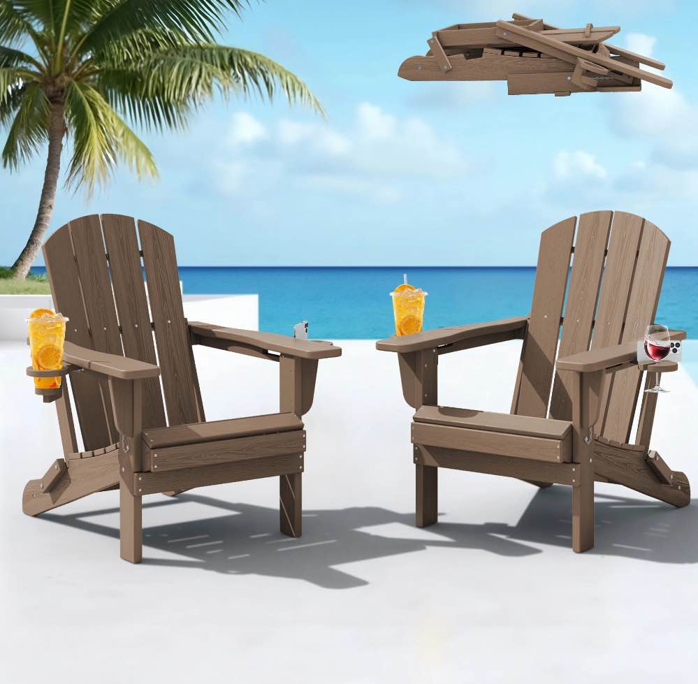 serwall folding adirondack chair set of 2 with dual cup holders & phone holder, all-weather hdpe fire pit chairs for outdoor, patio, poolside, garden - brown