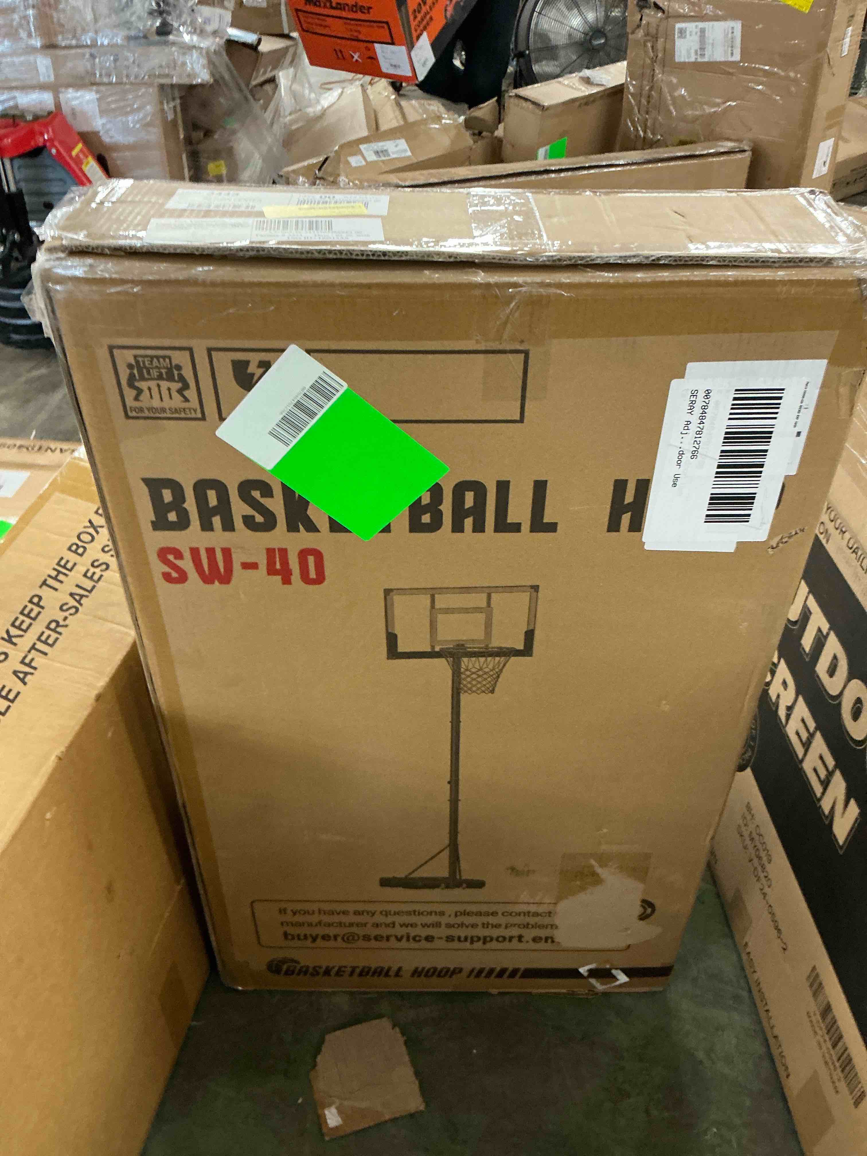 Condition photo showing New/Like New for seray adjustable basketball hoop for kids, teens & adults, 3.3 to 10 feet height, 40 inch backboard, portable with 2 wheels, indoor/outdoor use