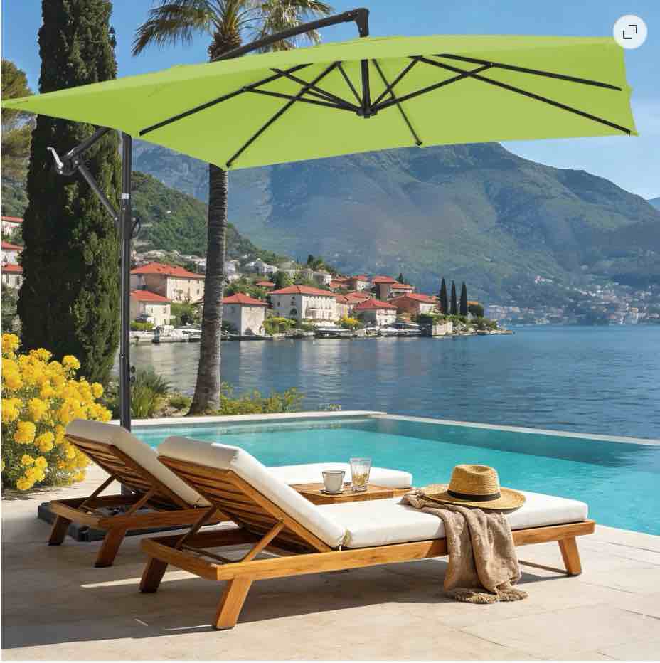 fundaze 8x8ft hanging cantilever patio umbrella with base, square outdoor sun shade with crank & tilt for garden, backyard, deck,apple green