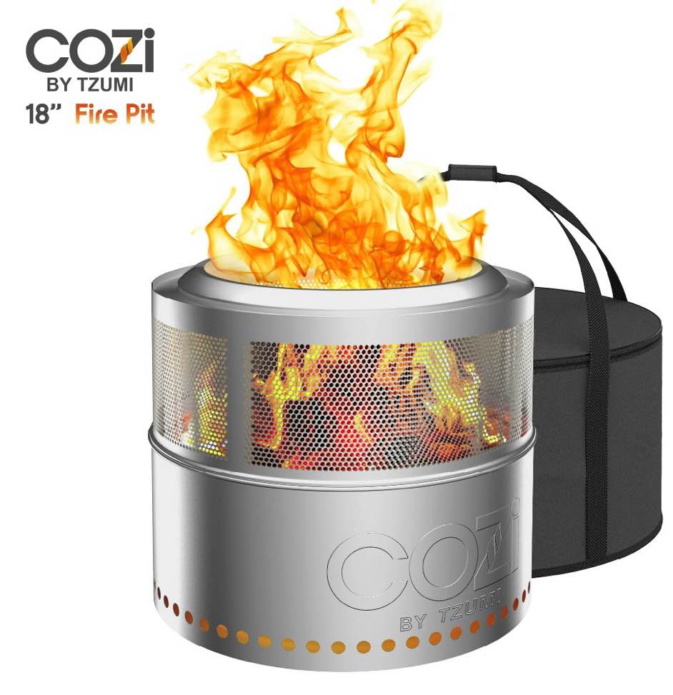 cozi by tzumi smokeless fire pit stainless steel portable fire pit with carry bag, 18”