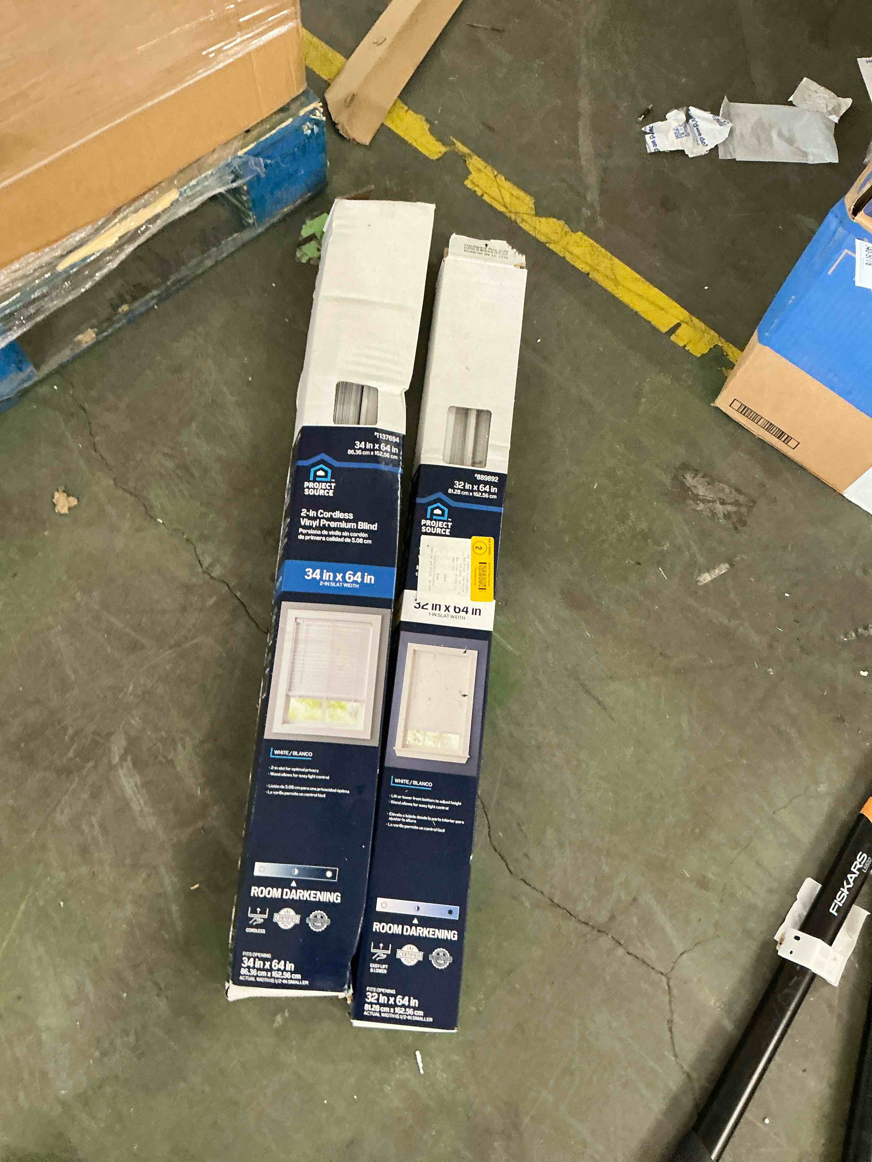 Condition photo showing Good Condition for 2 assorted blinds including project source premium 2-in slat width 34-in x 64-in cordless white vinyl room darkening horizontal blinds