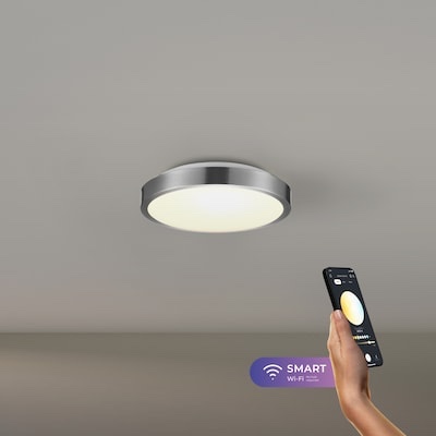 globe electric dean 11-in brushed nickel indoor smart led rgbw flush mount light with plastic shade