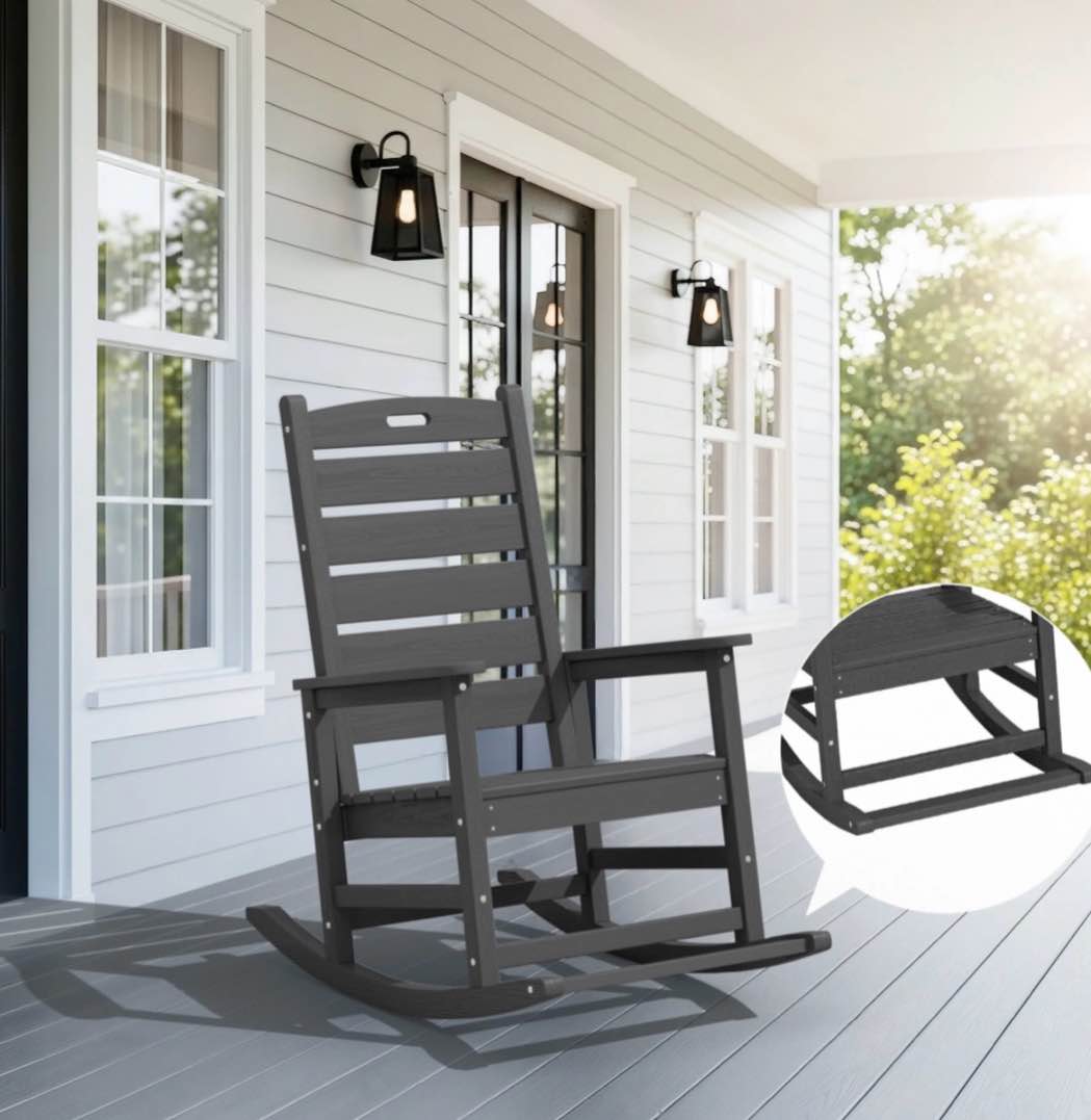serwall oversized outdoor rocking chair with footrest for adults, hdpe all weather patio rocker for porch, garden, lawn, grey