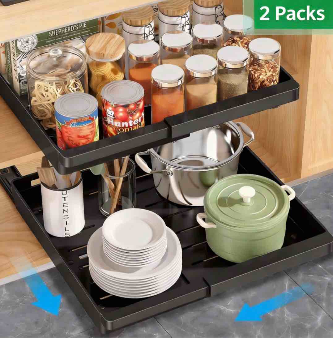 2 pcs pull out cabinet organizers expandable (11.6''-17.5''), plastic slide out drawers for kitchen, bathroom, pantry, under sink, pull out drawers fixed with adhesive nano film (black)
