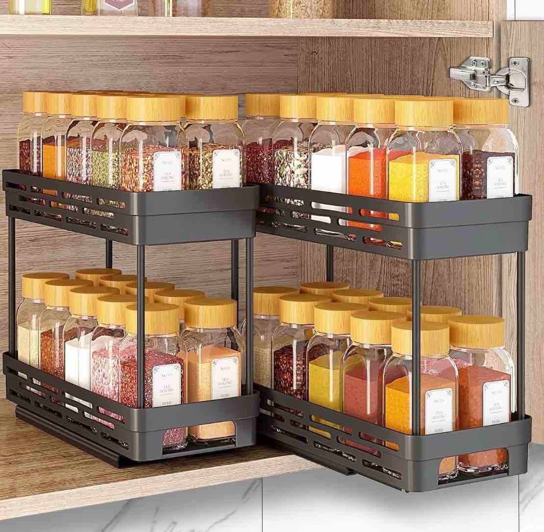 2 pack pull out spice rack organizer for cabinet, aokiwo multi-purpose kitchen storage cabinet organizer, fits 12"h x 11"d x 5"w, black