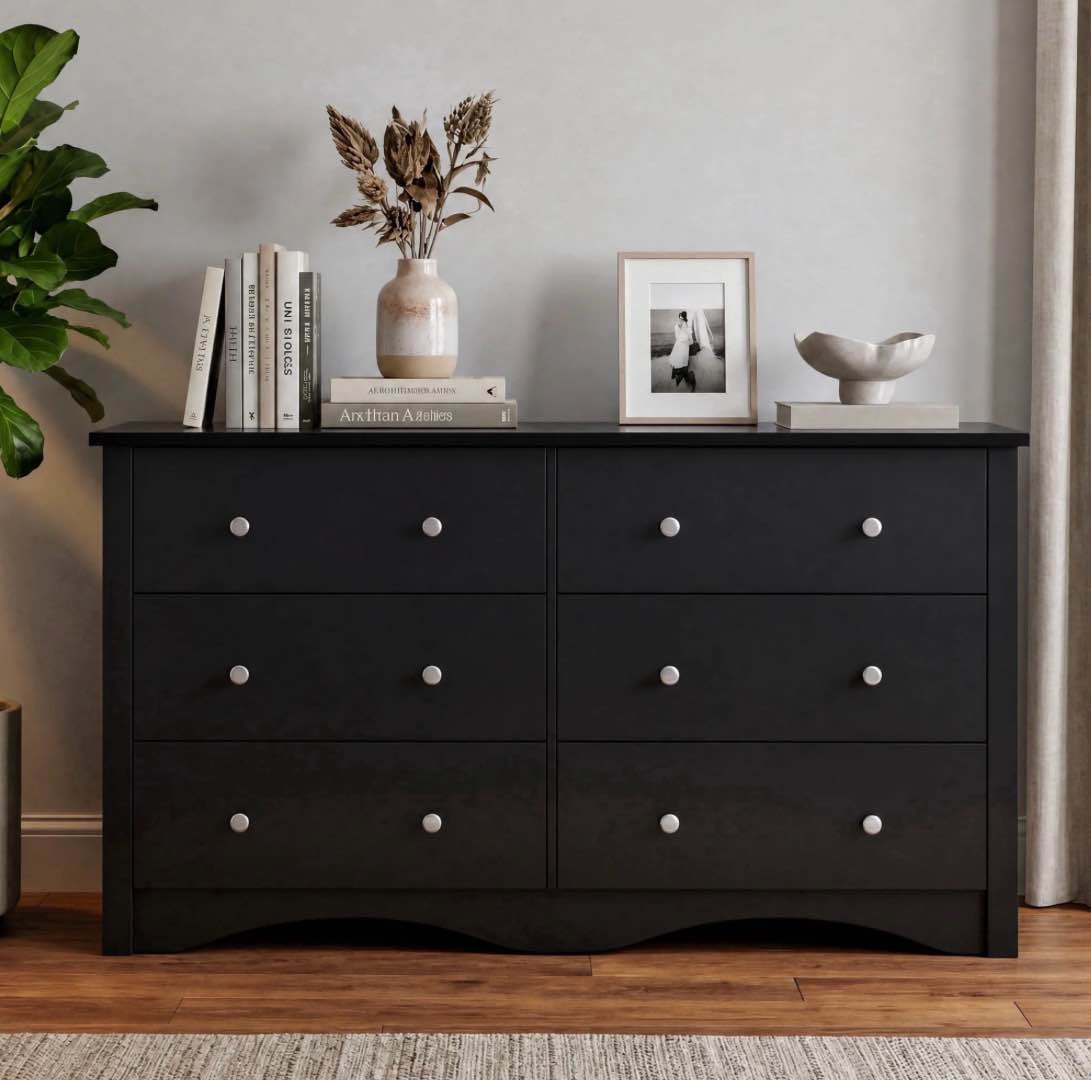 homall 6 drawer double dresser, modern chest of drawers, wood storage cabinet for bedroom & living room, black