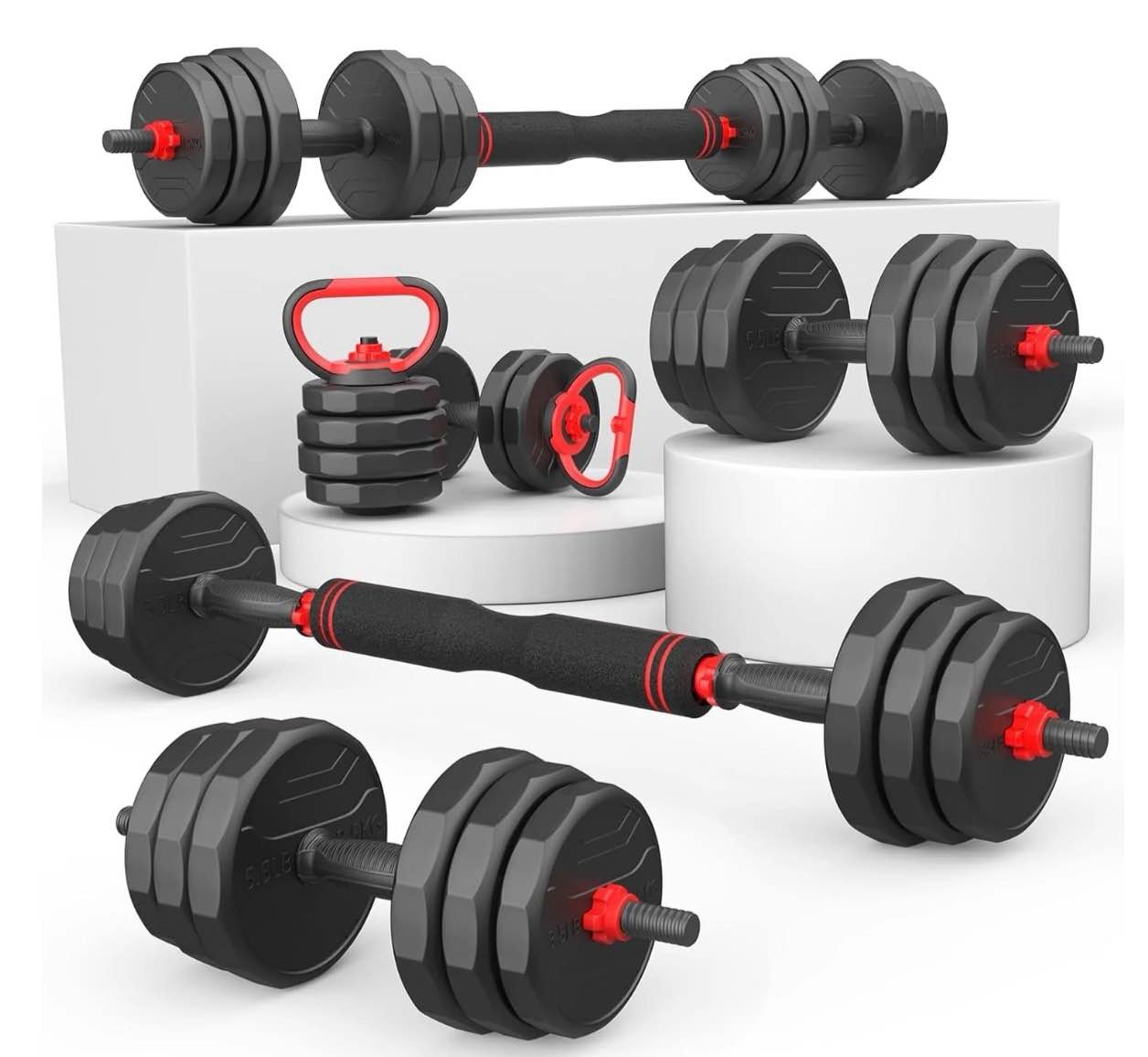 free weight set with connector, 5 in1 dumbbells set used as barbell, kettlebells, push up stand, fitness exercises for home gym suitable men/women