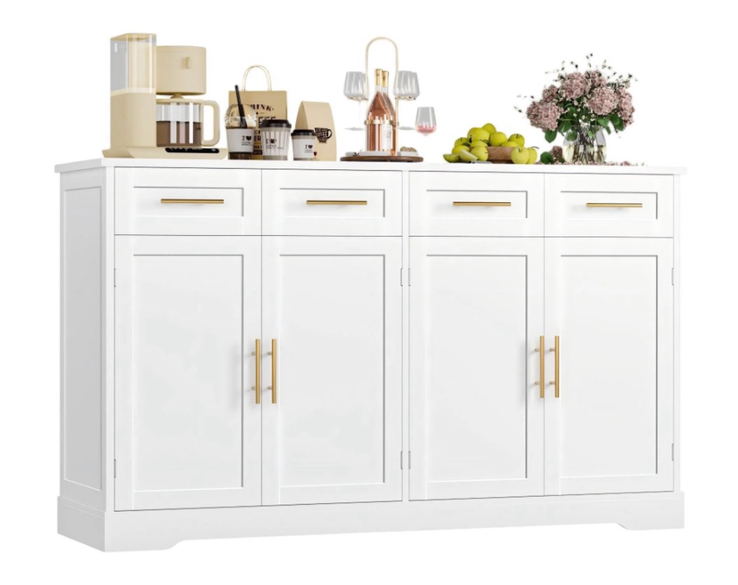 homfa modern buffet cabinet with 4 drawers and 4 doors, 59" w sideboard buffet storage cabinet with shelves, for kitchen living room bedroom, white