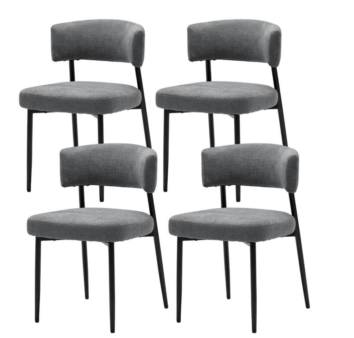edx dining chairs set of 4, mid century modern chair round upholstered curved backrest, kitchen vanity living room chairs with black metal legs, grey