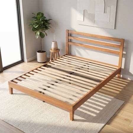 edx wood queen size bed frame with headboard - walnut finish solid wood slat support system no box spring required