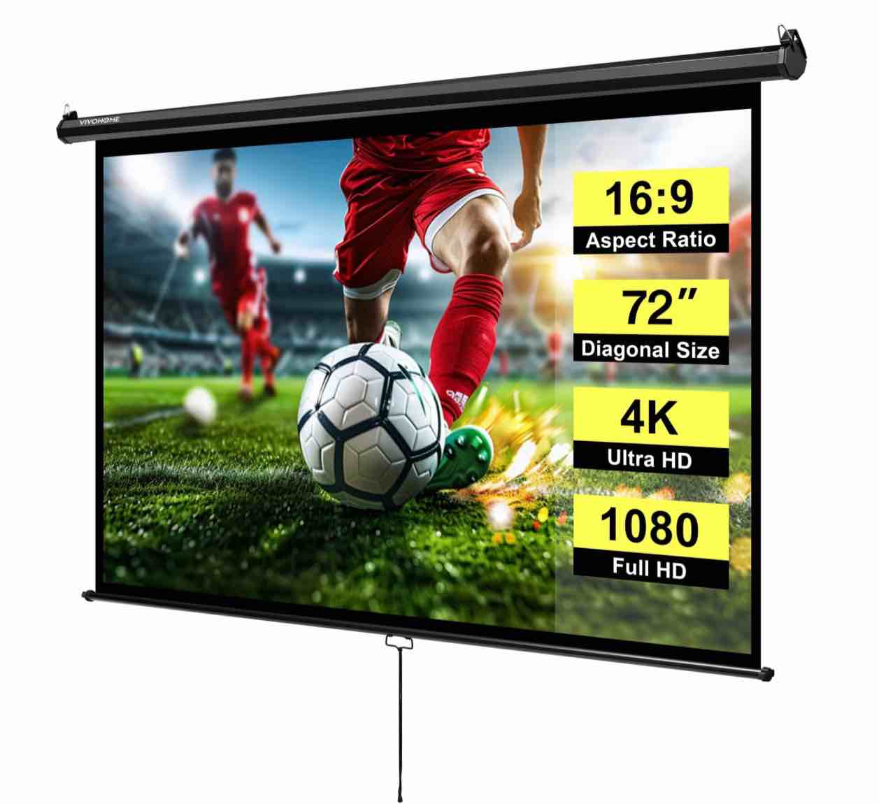 specstar 72 inch manual pull down projector screen, 16:9 hd retractable projector screens with auto locking for movie home theater cinema office video game, black