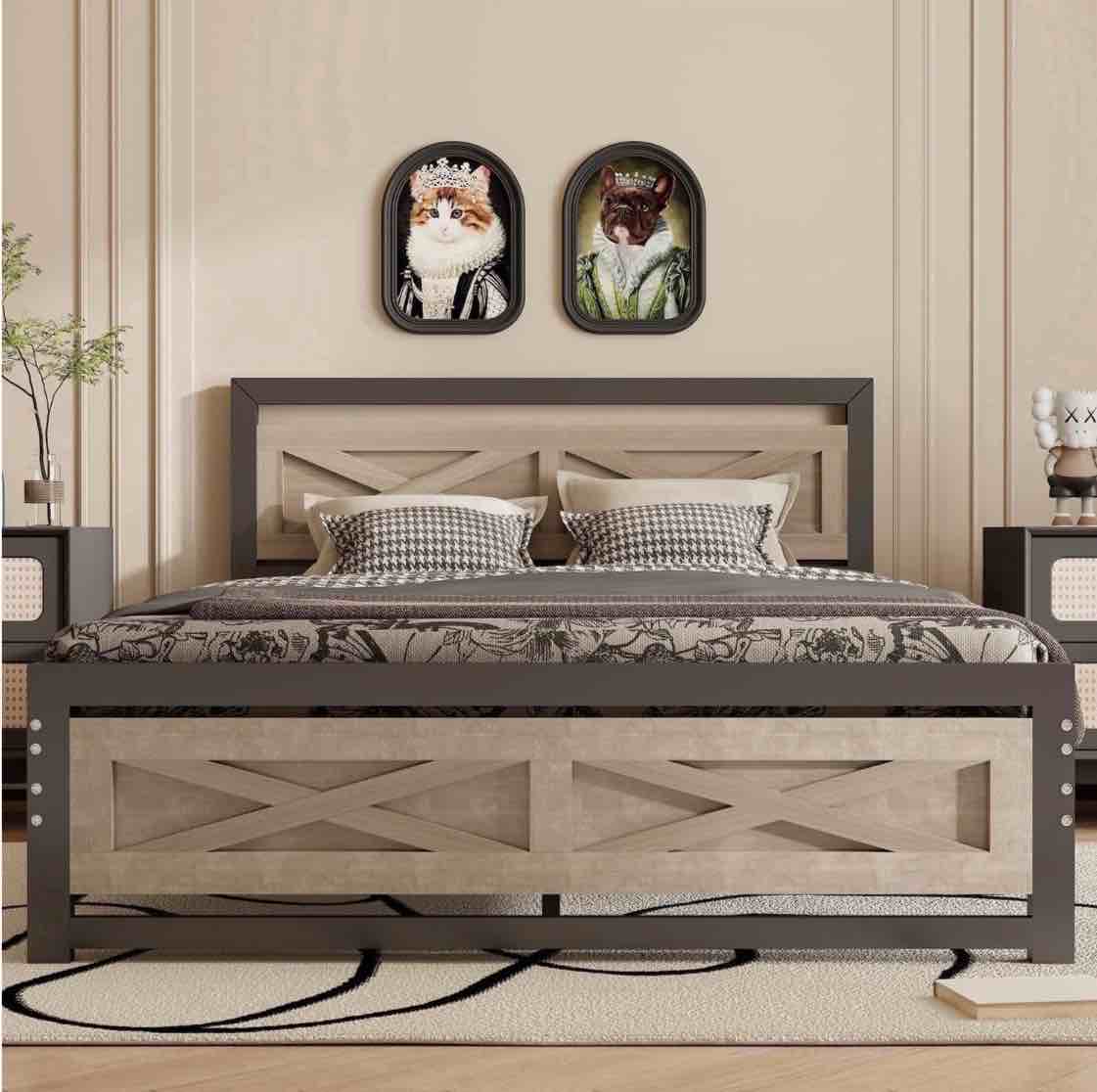behost full size bed frame, farmhouse wood metal platform full bed frame with headboard and 11" underbed storage