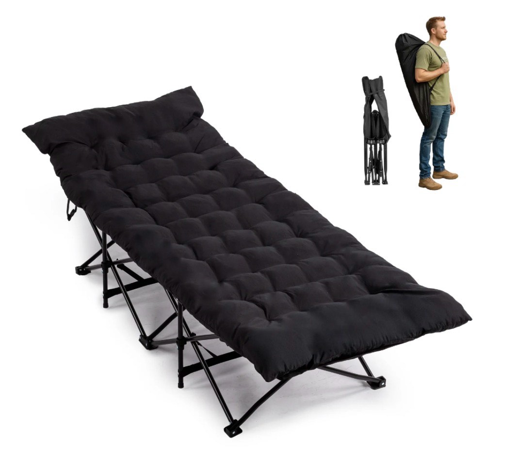 ktaxon camping folding cot, easy setup cot bed with soft pad, protable adults sleeping bed for home office nap beach travel, black