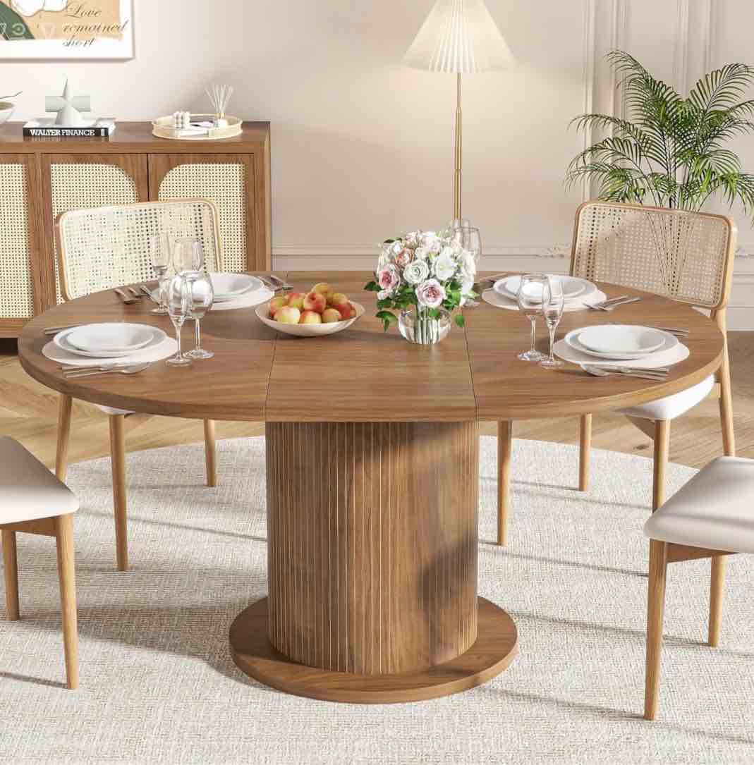 59" extendable round dining table for 4-6, modern oval kitchen table with fluted base, circle dining table for living room, walnut