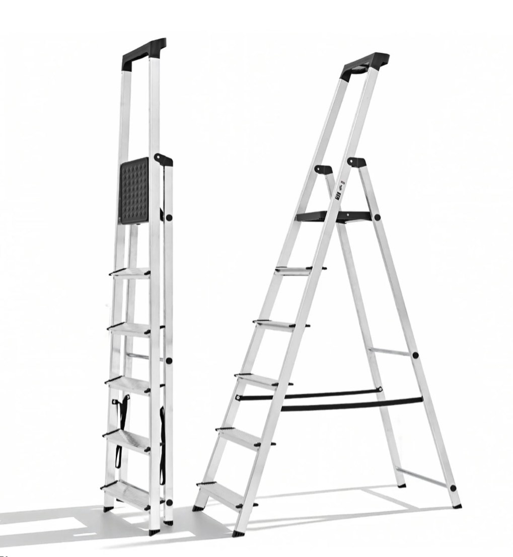 concetta 71 inch 6-step herringbone aluminium ladder with non-slip treads and comfortable handrails, sturdy steel ladder, portable heavy duty stepstool for garage and outdoor use, silver