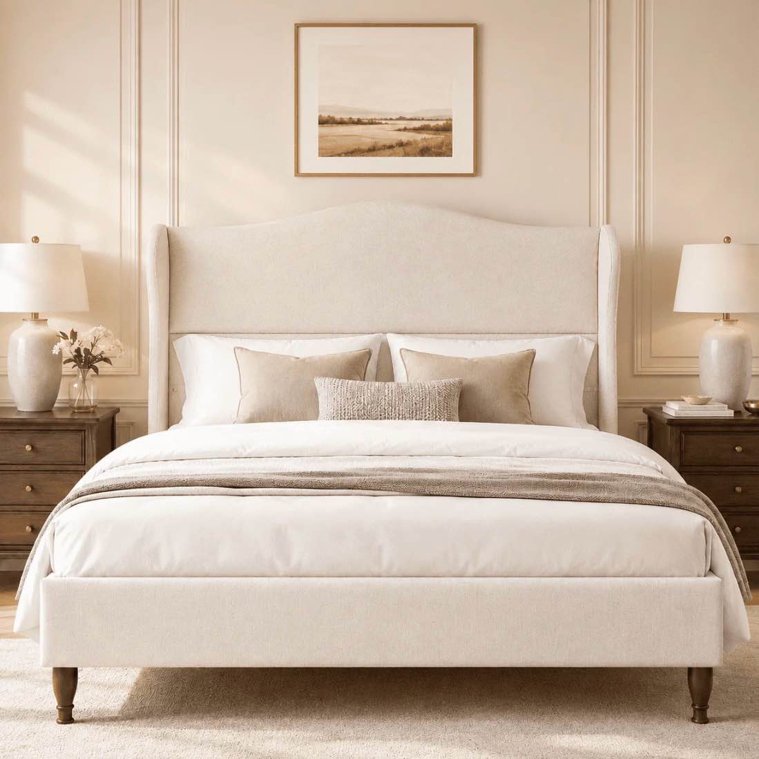 neche king upholstered platform bed frame - 51" tall curved wingback, soft fabric, retro sleigh style, no box spring needed, easy assembly, beige