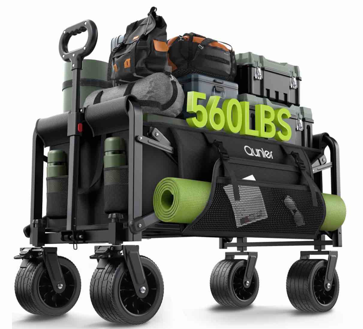 qunler 560lbs large collapsible folding wagon with oversized tank wheels, heavy duty big bucket utility garden cart with side pocket for sports, shopping, camping, kids, black