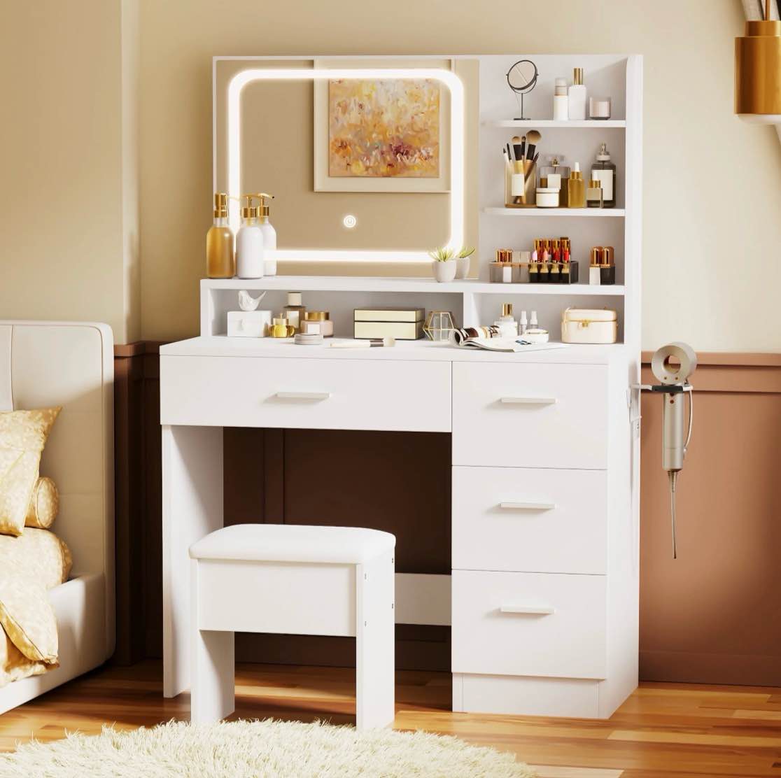 livelyglow vanity desk with smart led mirror & stool, makeup vanity set with adjustable lighting, built-in power outlet, large storage drawer, modern minimalist dressing table for bedroom,white-missing mirror 