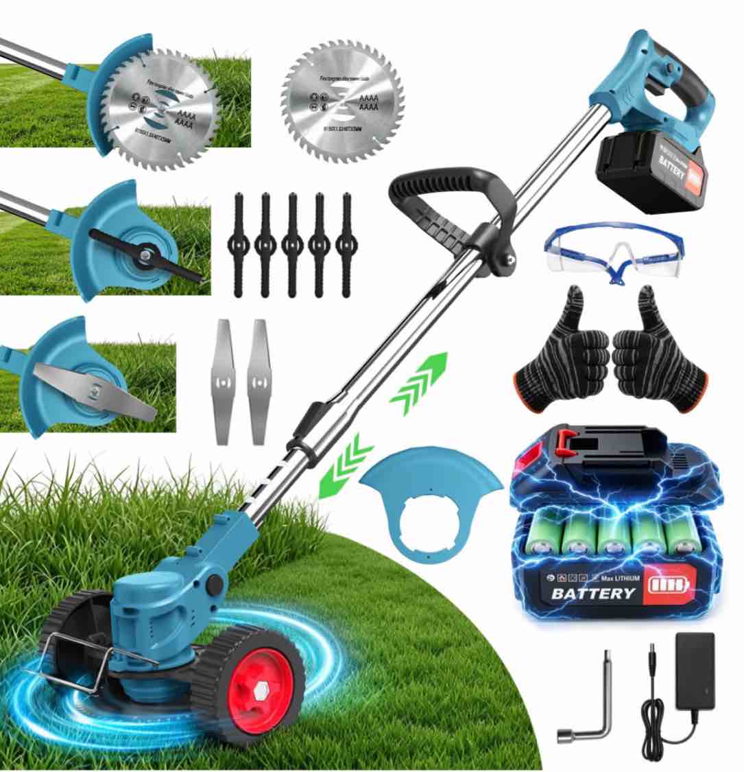 tntants weed wacker cordless, 3-in-1 lightweight electric string trimmer with 3 types of blades, wheels, 24v battery, weed eater grass trimmer/edger/brush cutter for lawn yard garden (blue)